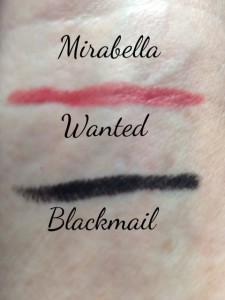 Mirabella Jewel Thief collection lip crayon in Wanted, eye crayon in Blackmail swatches, neversaydiebeauty.com @redAllison