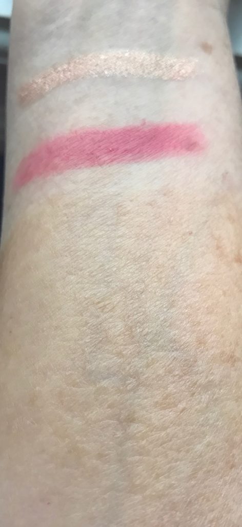 swatches from The Body Shop Honey Bronze Drops of Sun, Honolulu Pink Matte Lipstick & Nevada Rose Eye Colour Stick cream shadow