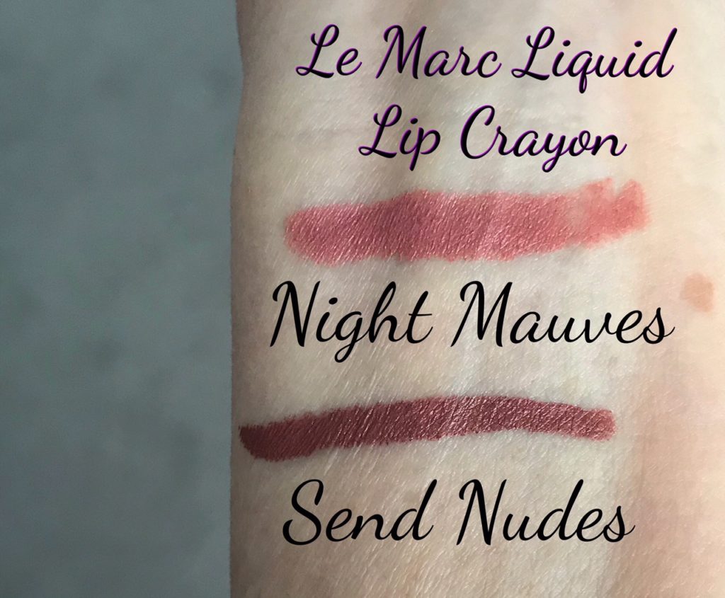 swatches of Marc Jacobs Le Marc Liquid Lip Crayons in Night Mauves and Send Nudes shades, neversaydiebeauty.com
