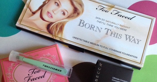 Too Faced Love Flush blush, Becca Ultimate Coverage Concealer, Tweezerman tweezers