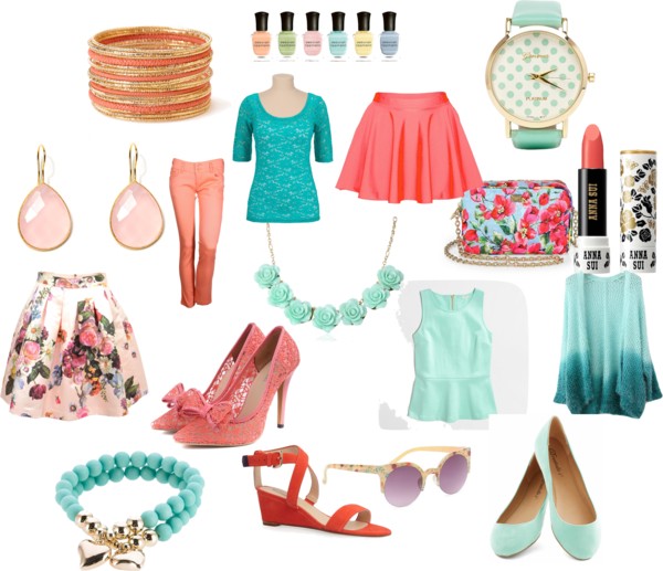 Polyvore set with fashion and accessories in peach and green shades neversaydiebeauty.com @redAllison