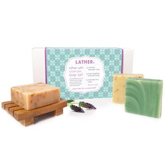 LATHER Lavender Soap Set with 3 different colored & scented natural soaps plus a bamboo soap dish neversaydiebeauty.com