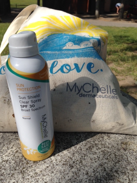 MyChelle Sun Shield Clear Spray SPF 30 with tote bag neversaydiebeauty.com @redAllison