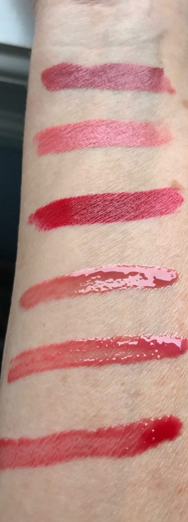 swatches of Tarte Lip Sculptor Lipstick & Gloss shades Sass, Voltage, Harlequin, lipsticks first, then glosses neversaydiebeauty.com