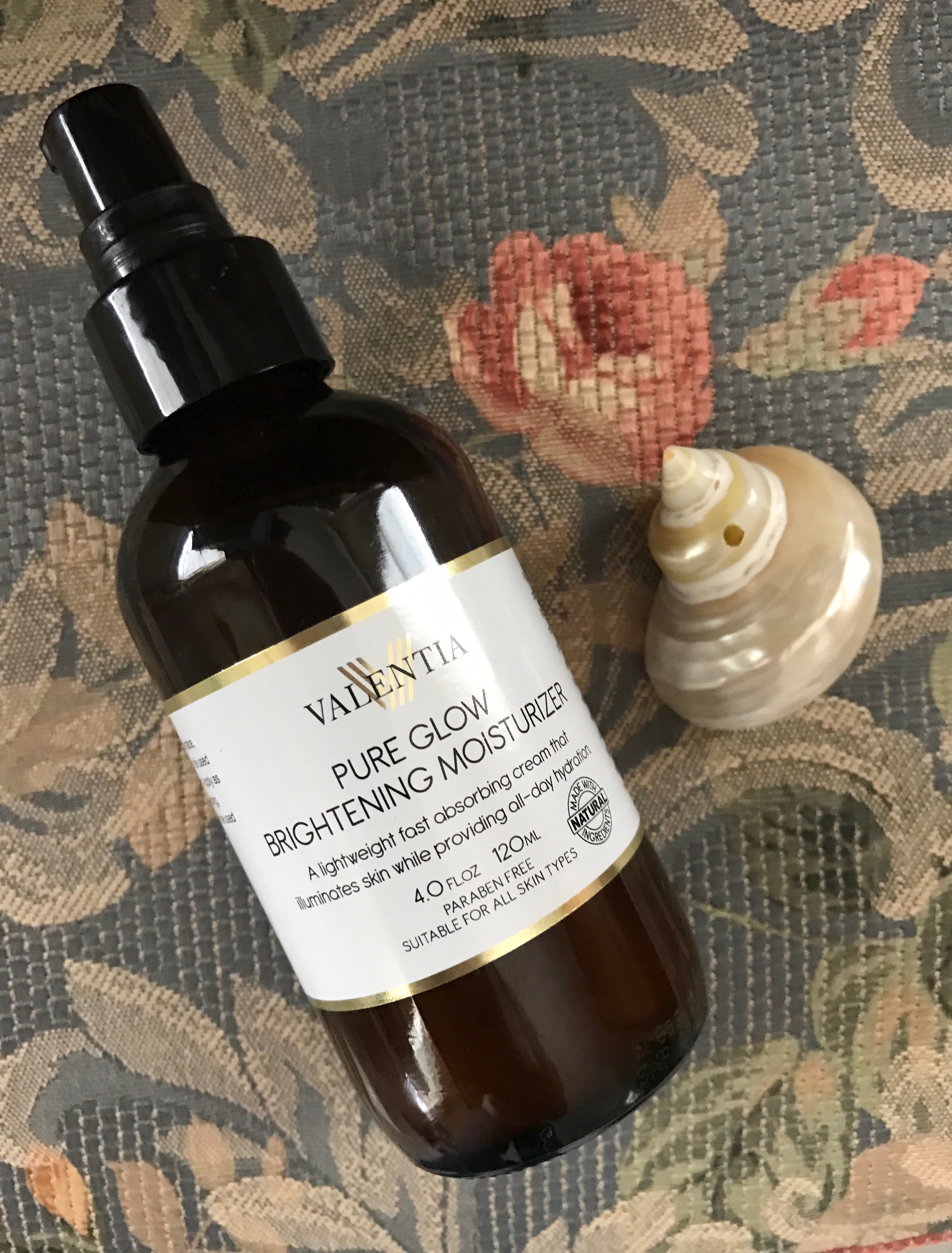 Valentia Pure Glow Brightening Moisturizer amber pump bottle, neversaydiebeauty.com