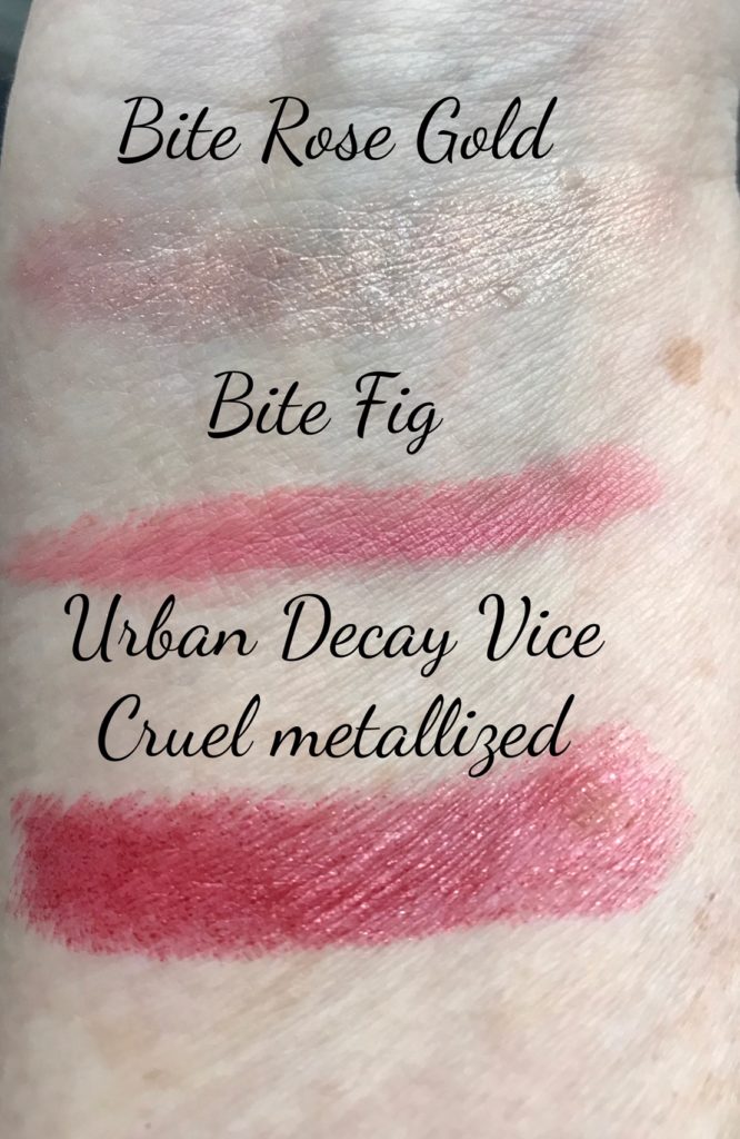 Bite Beauty Amuse Bouche Lipstick swatches in Rose Gold & Fig and Urban Decay Vice Lipsticks in metallized Cruel swatches neversaydiebeauty.com