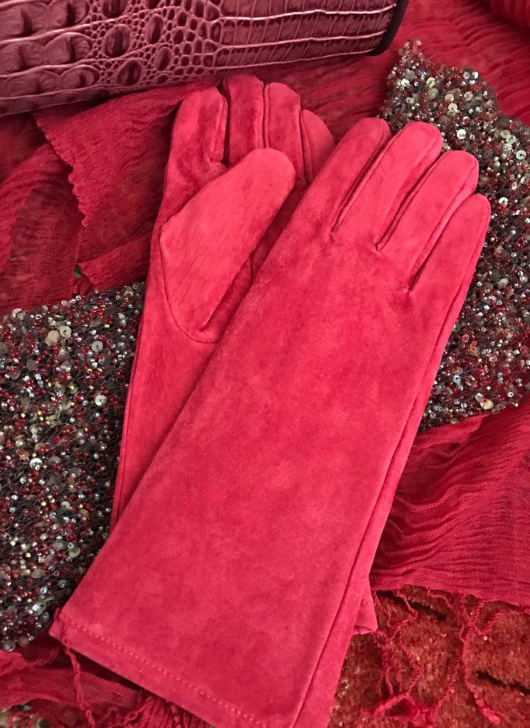 Pamela McCoy red suede faux fur lined long gloves neversaydiebeauty.com