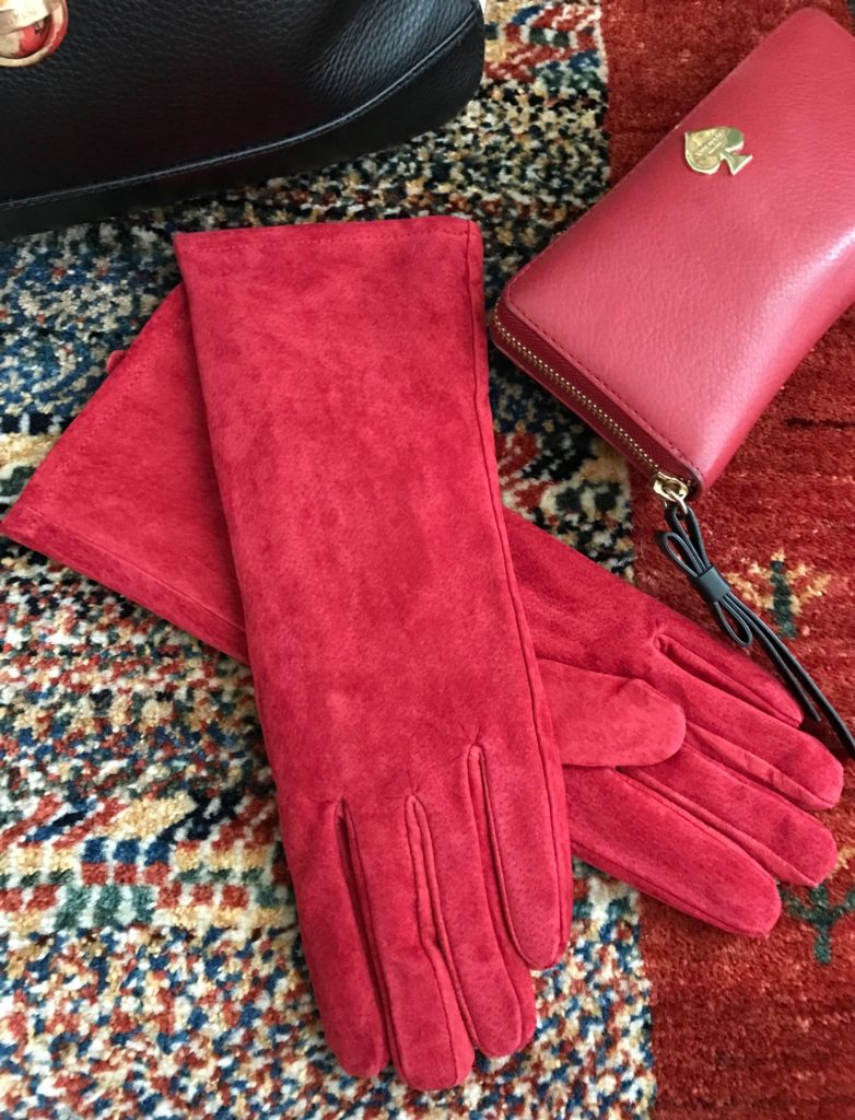 Pamela McCoy red suede faux fur lined long gloves neversaydiebeauty.com