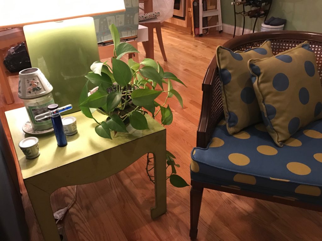 accent table, lamp base, plant in Pantone's Greenery