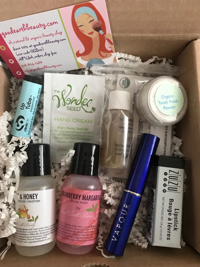 Good Earth Beauty Mystery Box open to show cosmetics inside, neversaydiebeauty.com