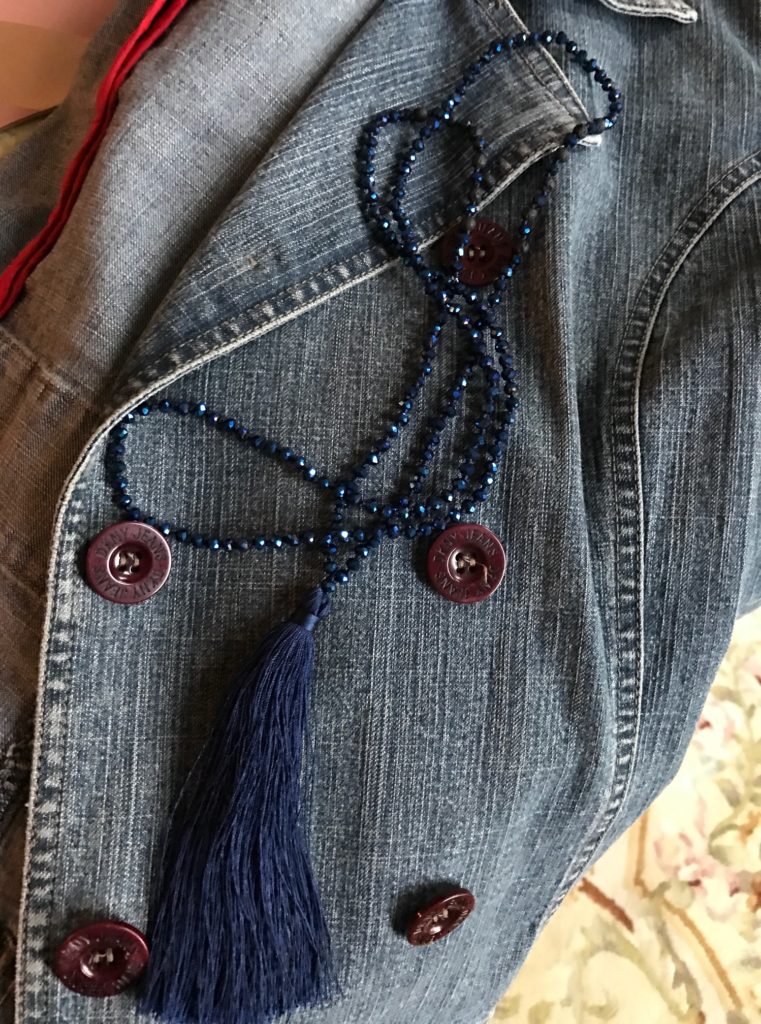 deep blue crystal long necklace with tassel, neversaydiebeauty.com