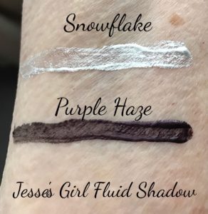 Jesse's Girl Fluid Shadow swatches: Snowflake (white metallic) & Purple Haze (deep plum matte), neversaydiebeauty.com