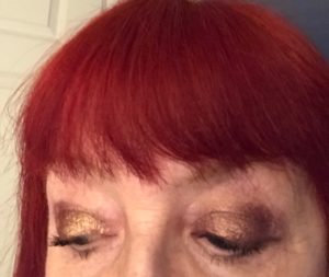 closeup of my eyes wearing Darling Girl Cosmetics Brocade eye shadow pigment in wine/copper duochrome, neversaydiebeauty.com