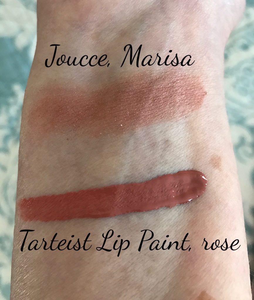 swatches from ipsy March 2017 makeup: Joucce eye shadow Marisa, Tarteist Lip Paint, shade rose, neversaydiebeauty.com