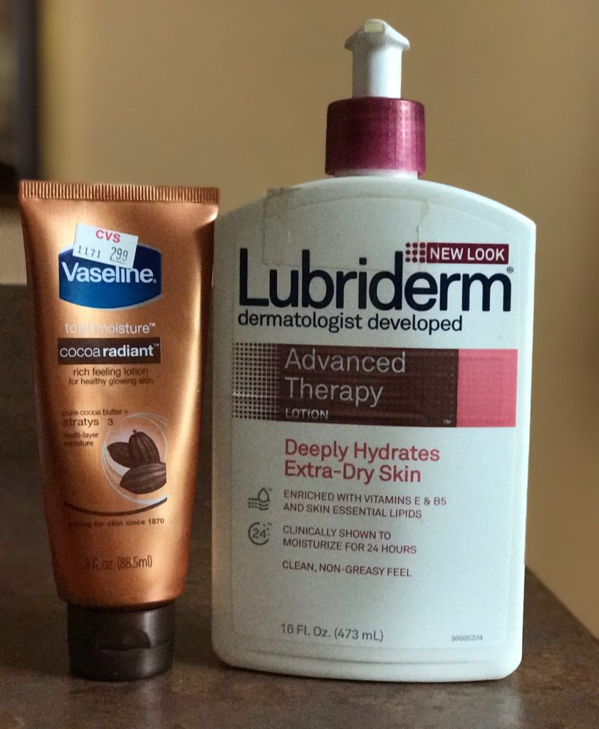 empty body lotions: Vaseline & Lubriderm, neversaydiebeauty.com