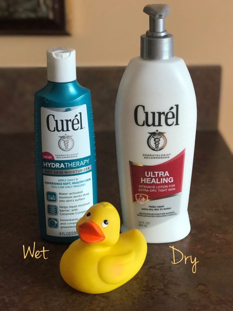 Curel Hydratherapy Wet Moisturizer applied to wet skin & Curel Ultra Healing lotion applied to dry skin, neversaydiebeauty.com