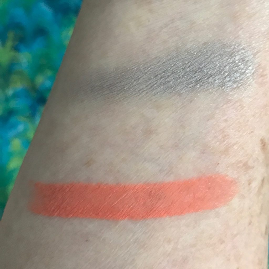 MAC swatches: powder shadow Silver Ring, Sushi Kiss Satin Lipstick, neversaydiebeauty.com