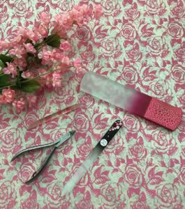 Mont Bleu crystal glass nail file, foot file, dual ended cuticle pushes/nail cleaner, and stainless steel cuticle nippers, neversaydiebeauty.com