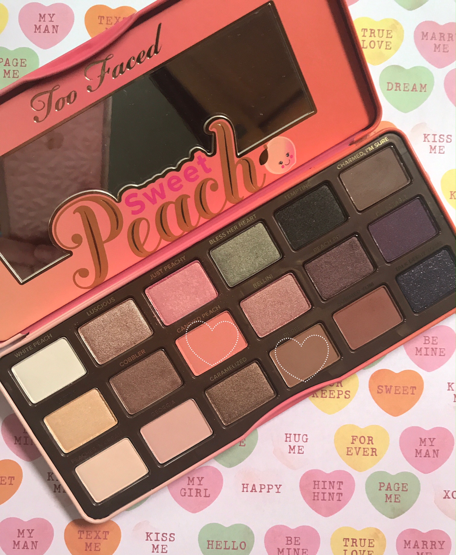 Too Faced Sweet Peach palette with the shades used in my FOTD circled