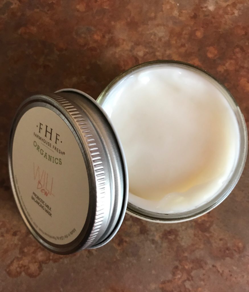 open jar of Farmhouse Fresh Will Dew Probiotic Milk Balancing Mask show the milky looking mask, neversaydiebeauty.com