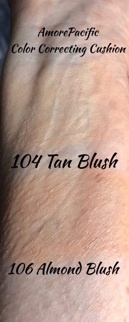 swatches 104 & 106 of AmorePacific Color Correcting Cushion Foundation SPF 50+, neversaydiebeauty.com