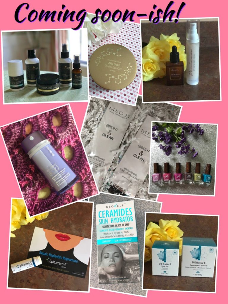 collage of mostly skincare products I'll be reviewing soon, neversaydiebeauty.com