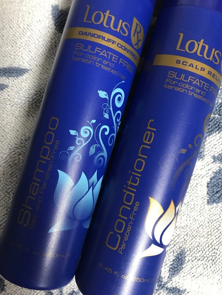 closeup of LotusRx Shampoo and Conditioner, neversaydiebeauty.com