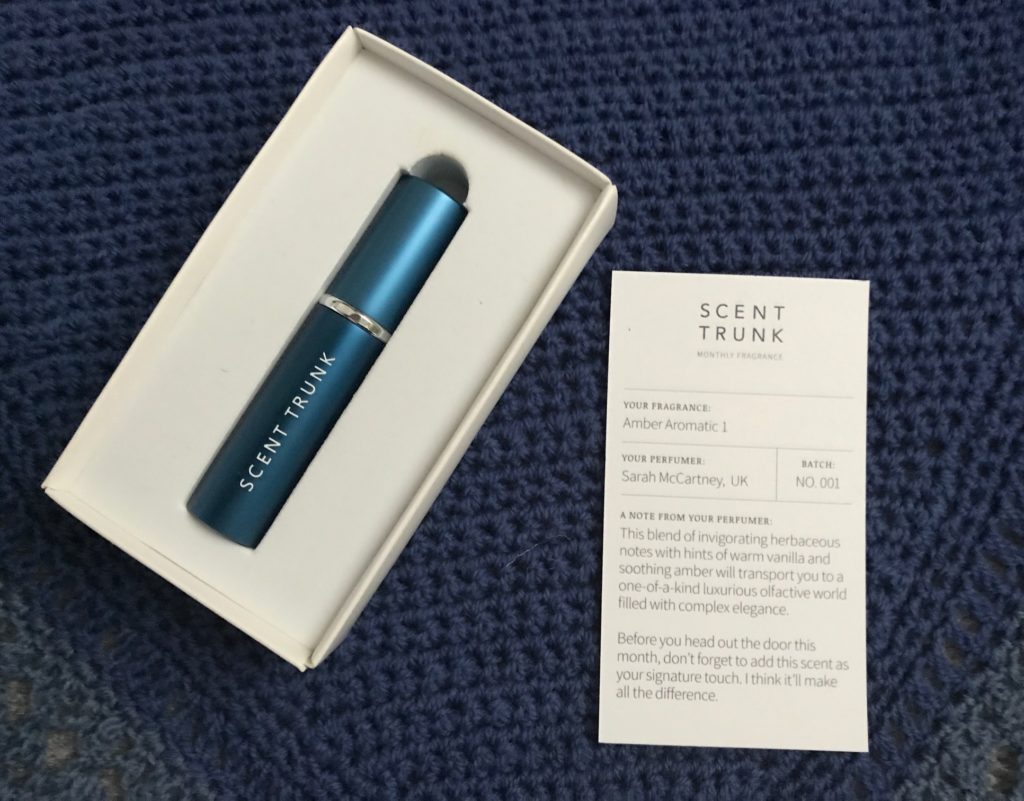 Scent Trunk atomizer & card detailing personalized fragrance, neversaydiebeauty.com