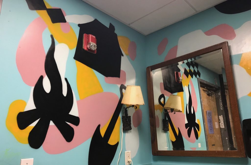 abstract mural on bathroom walls at Local Cooperative in Portland ME, neversaydiebeauty.com
