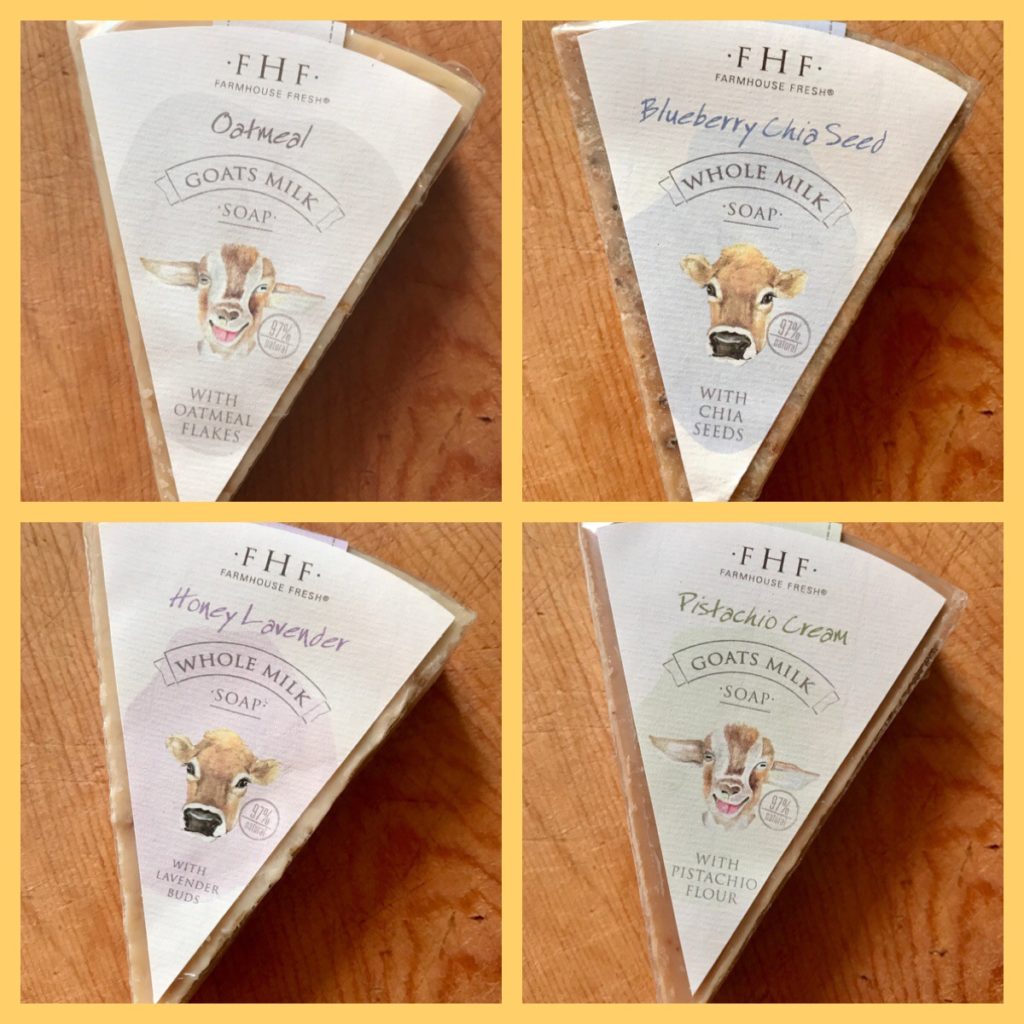 collage of 4 Farmhouse Fresh cheese-wedge-shaped milk-based soaps, neversaydiebeauty.com