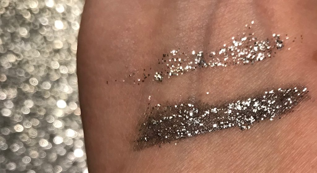 swatches of silver Glamrock, Urban Decay Heavy Metal Glitter Liner, neversaydiebeauty.com