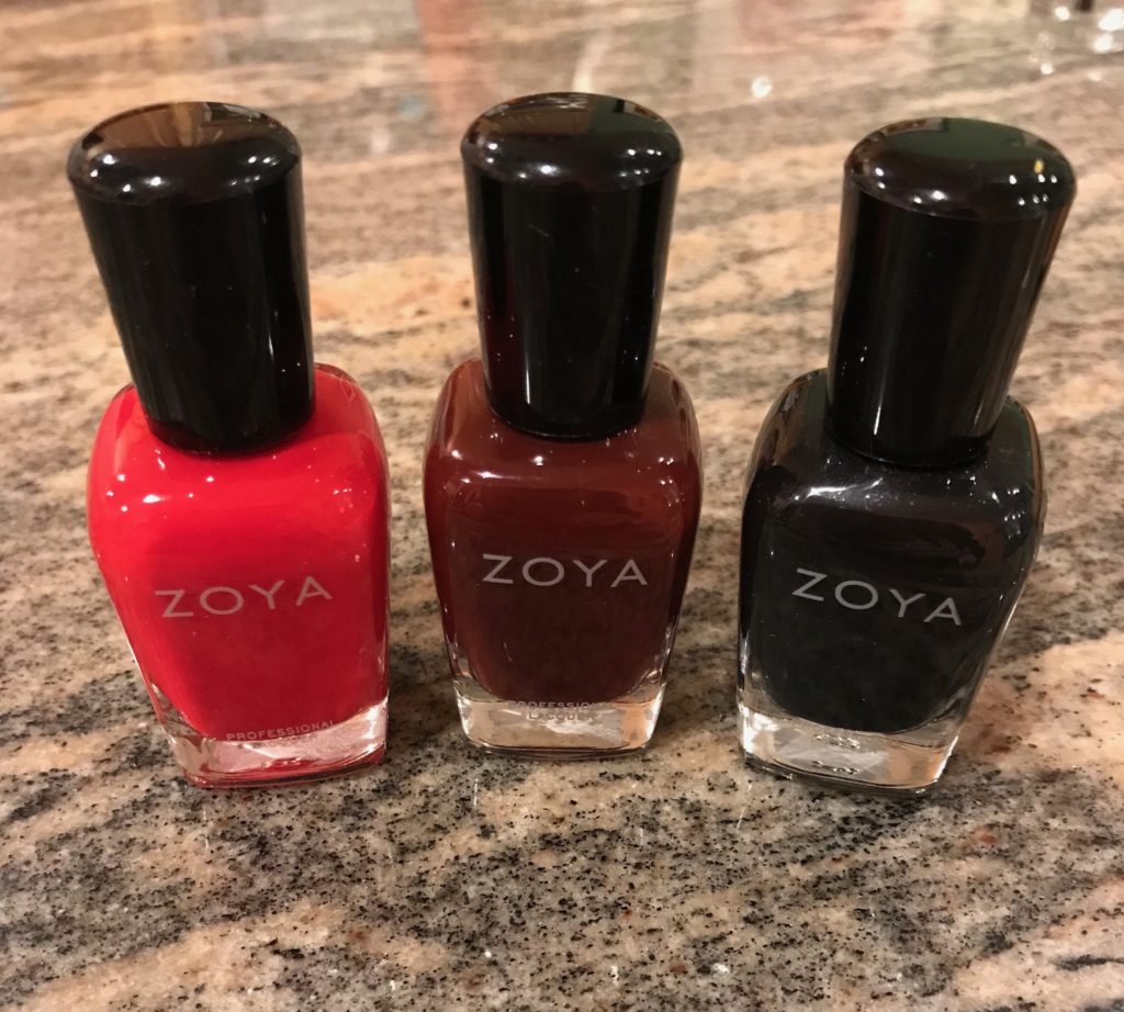 Zoya nail polish shades: Snooki (bright red), Claire (garnet), Raven (black), neversaydiebeauty.com