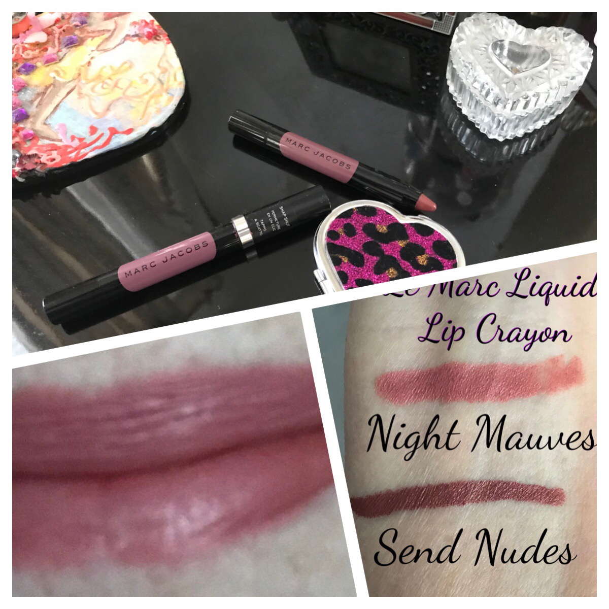 collage of photos of Marc Jacobs Le Marc Liquid Lip Crayons, neversaydiebeauty.com