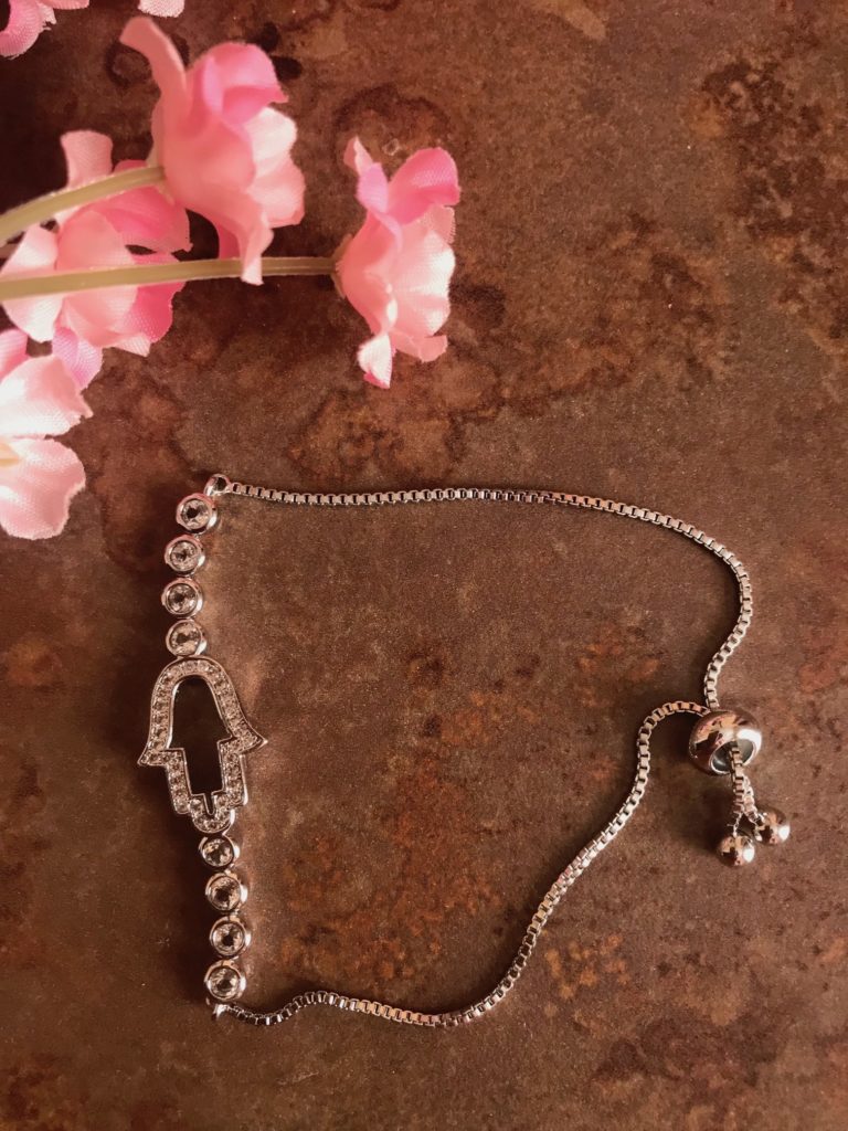 silvertone hamsa slide bracelet from Nancy Davis Peace & Love Collection for Evine, neversaydiebeauty.com