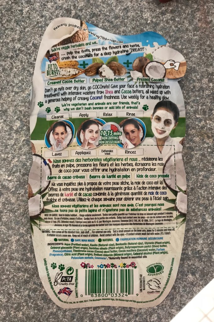 back of the package 7th Heaven Coconut Cream Hydrating Mask, neversaydiebeauty.com