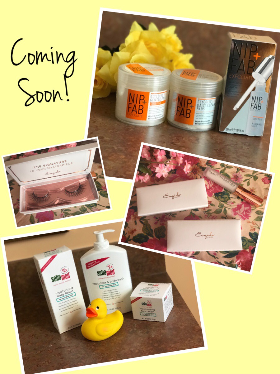 collage of three sets of cosmetics I'm trying out for review, neversaydiebeauty.com