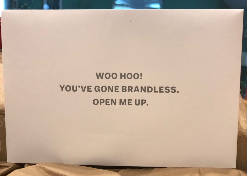 Brandless welcome envelope, neversaydiebeauty.com