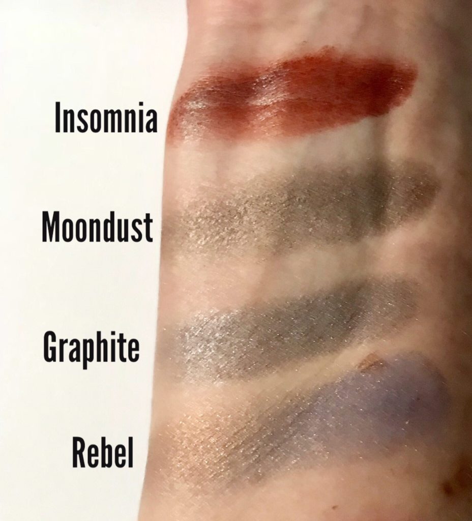 swatches of 4 Makeup Geek eyeshadow shades done with my fingers over bare skin, neversaydiebeauty.com