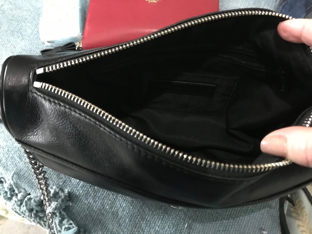Rebecca Minkoff MAC black leather crossbody purse showing the interior of the bag, neversaydiebeauty.com
