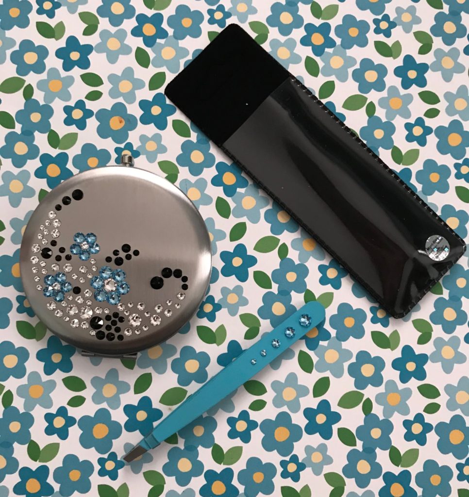 Mont Bleu compact purse mirror, tweezers with Swarovski crystals and tweezer case, neversaydiebeauty.com