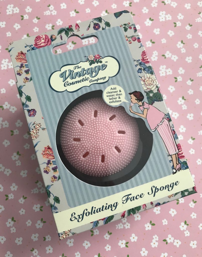 The Vintage Cosmetic Company Exfoliating Sponge in printed box, neversaydiebeauty.com