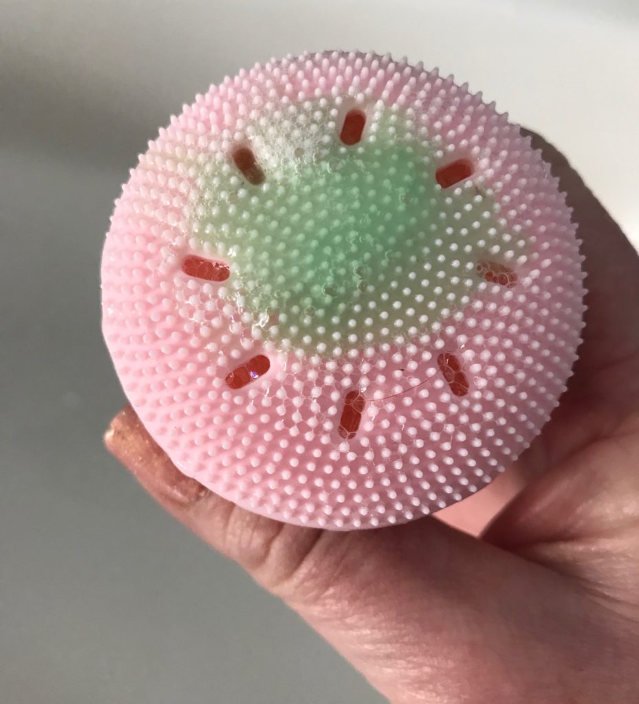 Vintage Cosmetics Company Exfoliating Face Sponge with cleanser on it, neversaydiebeauty.com