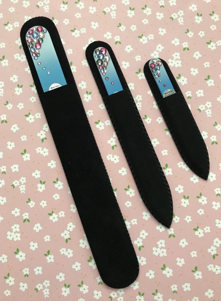 Mont Bleu glass nail files in protective sleeves, neversaydiebeauty.com
