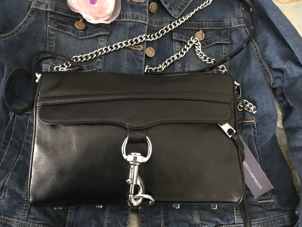 closeup of Rebecca Minkoff MAC crossbody black leather bag, neversaydiebeauty.com