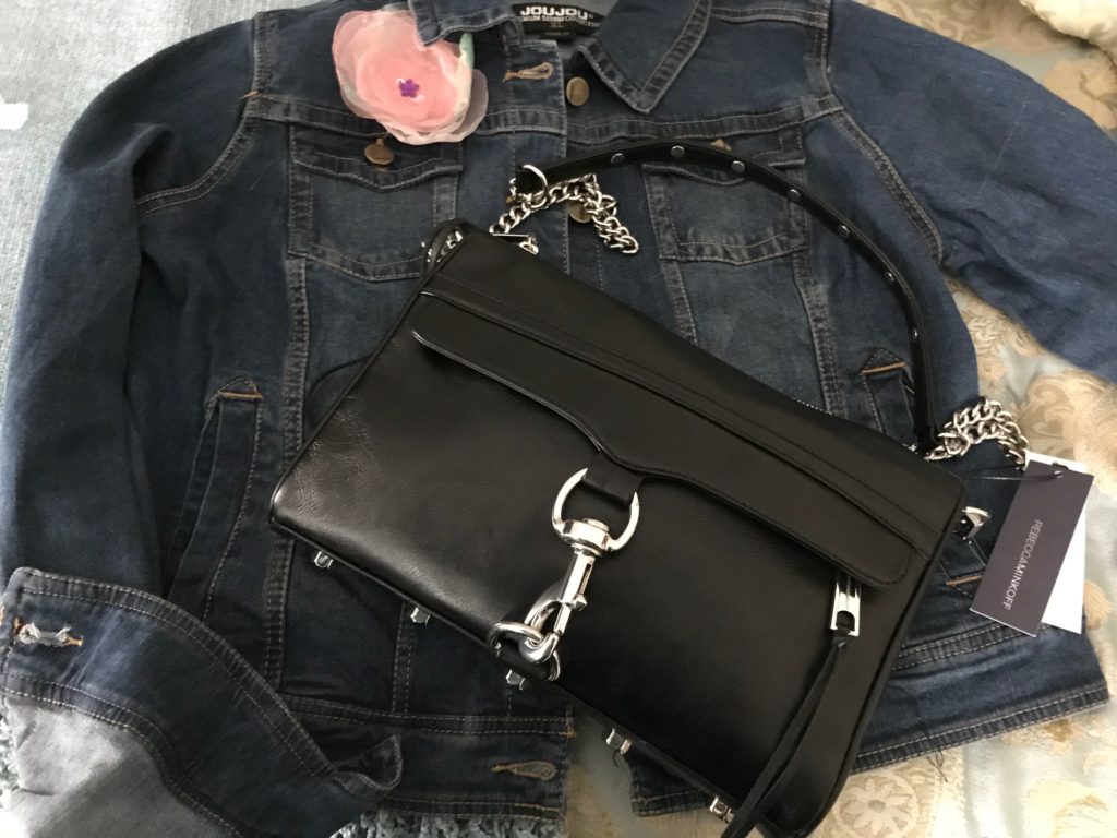 jean jacket with Rebecca Minkoff black leather MAC crossbody purse, neversaydiebeauty.com