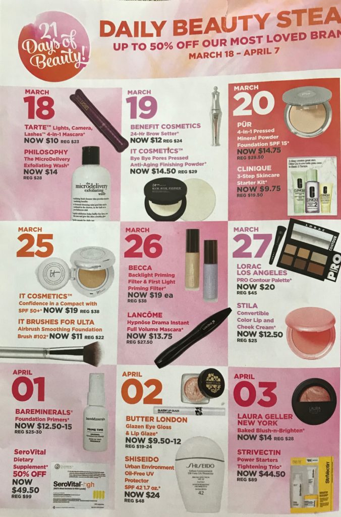 left side of the Ulta 21 Days of Beauty sale calendar for spring 2018, neversaydiebeauty.com