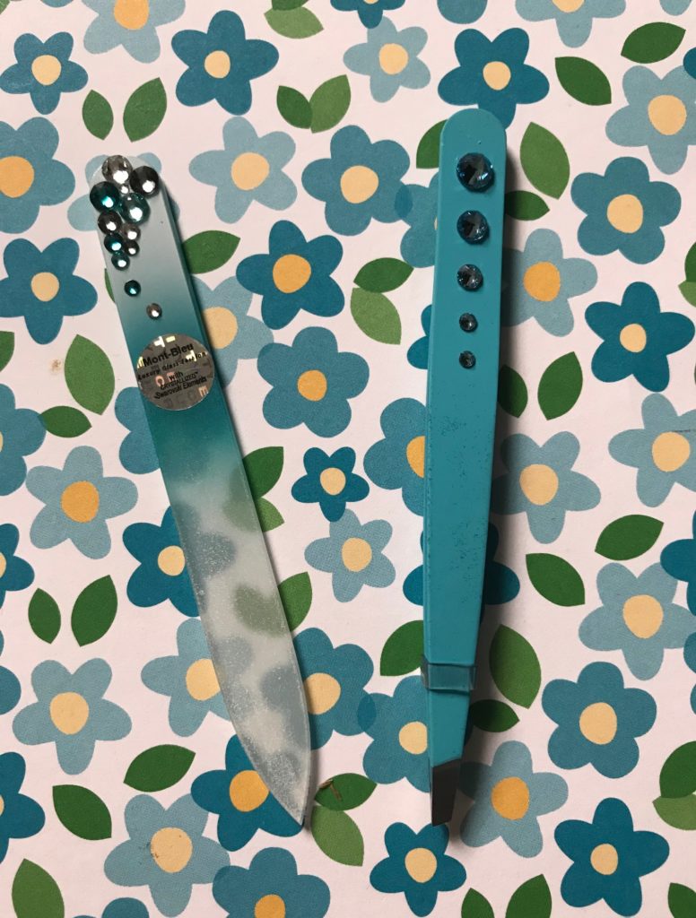 purse size turquoise crystal-encrusted Mont Bleu glass nail file and tweezers, neversaydiebeauty.com