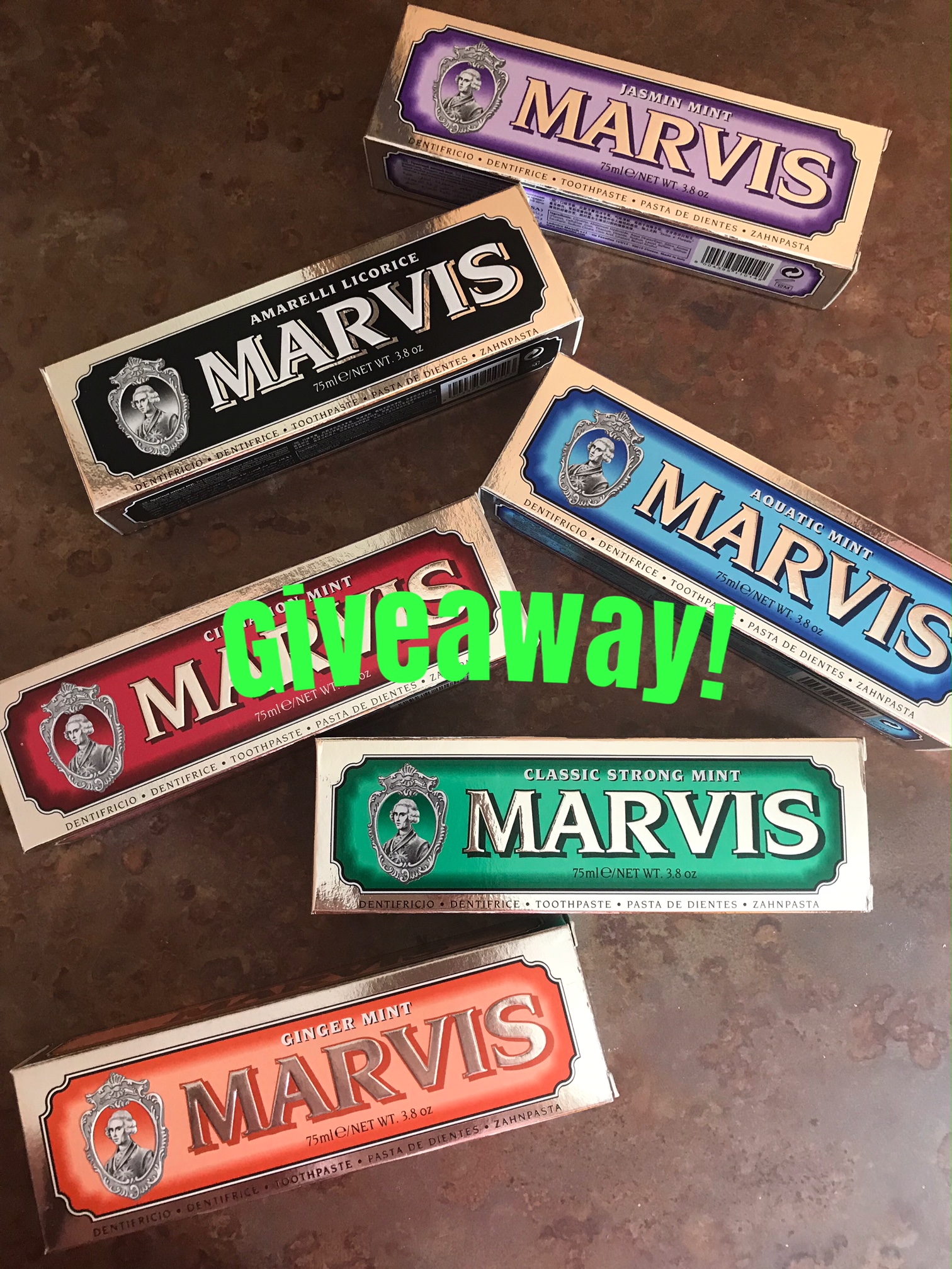 Marvis toothpaste boxes with giveaway title, neversaydiebeauty.com