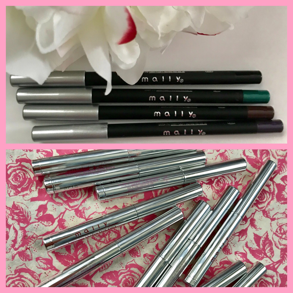 collage featuring Mally Evercolor Starlight Waterproof Liners and Evercolor Eye Shadow Sticks Extra, neversaydiebeauty.com