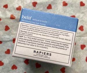 back of the box of belif Moisturizing Eye Bomb, neversaydiebeauty.com